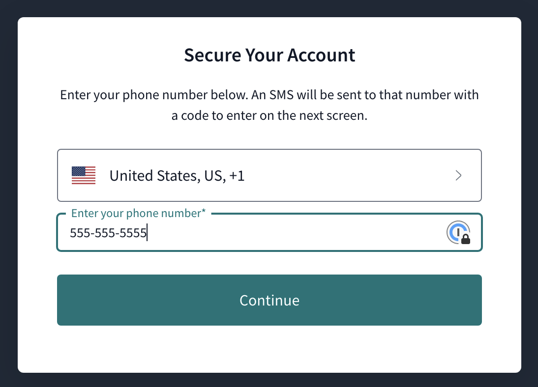 The phone number selection, including a dropdown for country code. The phone number selection, including a dropdown for country code.