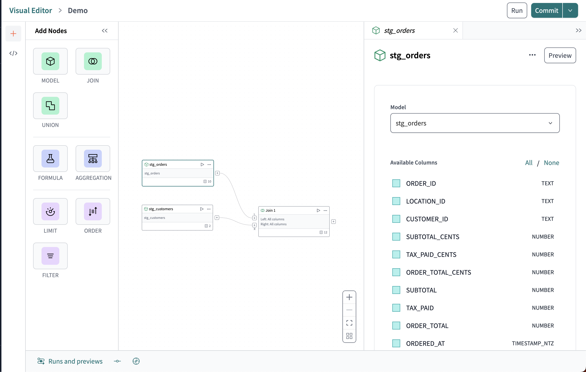 A sleek drag-and-drop canvas interface that allows you to create or modify dbt SQL models. A sleek drag-and-drop canvas interface that allows you to create or modify dbt SQL models.
